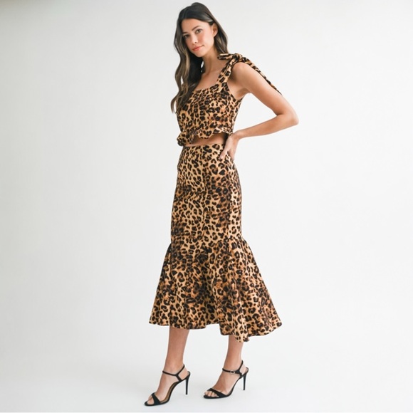 Mable Dresses & Skirts - Chic Leopard Print Ruffle Crop Top and Midi Skirt Set